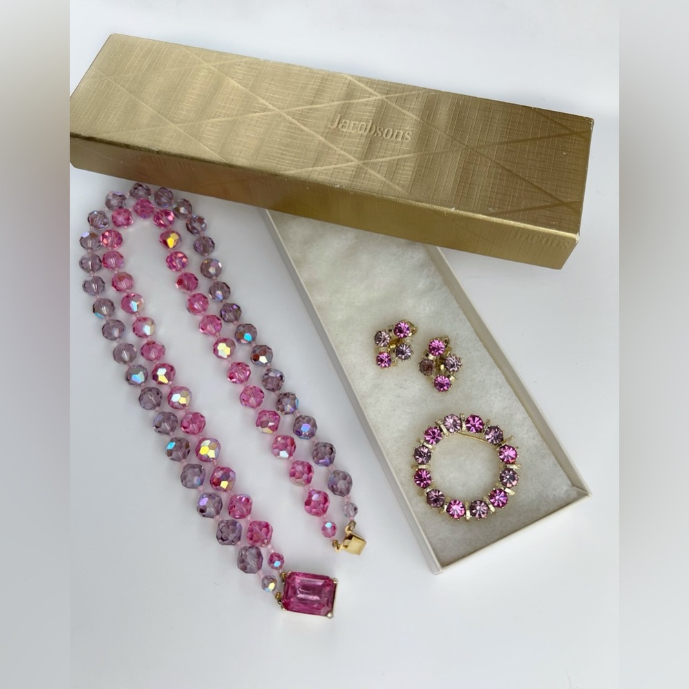 Vintage 1960s Camelot Brooch and Earrings Set And Pink Crystal Bead Necklace